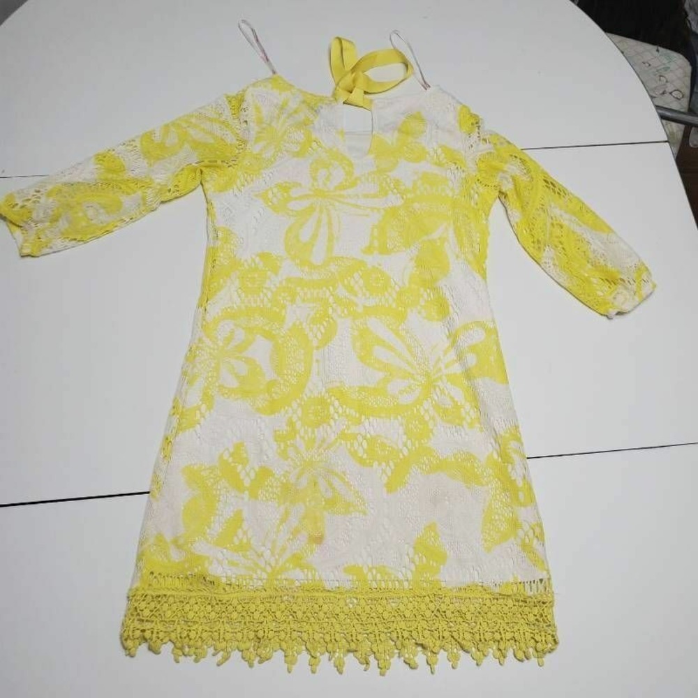 My Michelle Girls A-Line Yellow Butterfly Crochet Lace Keyhole Back Tie Fringe14 - Picture 2 of 12